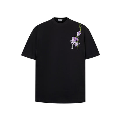 Black vine flower embroidery letter short sleeve t-shirt lifestyle look for men | TeenStylo