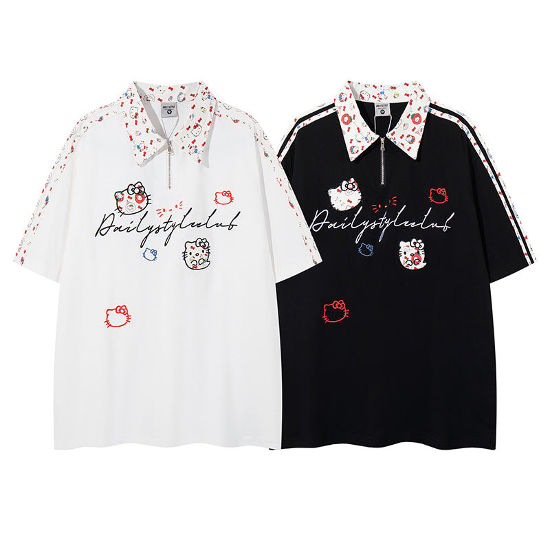 White cartoon embroidery notched collar pure cotton short sleeve shirt for boys - TeenStylo