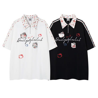 White cartoon embroidery notched collar pure cotton short sleeve shirt for boys - TeenStylo