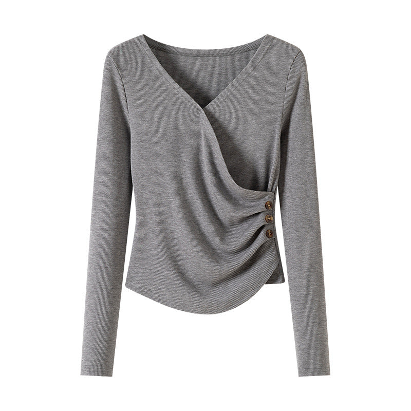 Khaki V-neck long sleeve T-shirt women unisex streetwear casual top front view TeenStylo