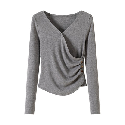 Khaki V-neck long sleeve T-shirt women unisex streetwear casual top front view TeenStylo