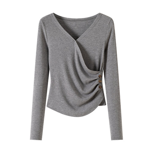 Khaki V-neck long sleeve T-shirt women unisex streetwear casual top front view TeenStylo