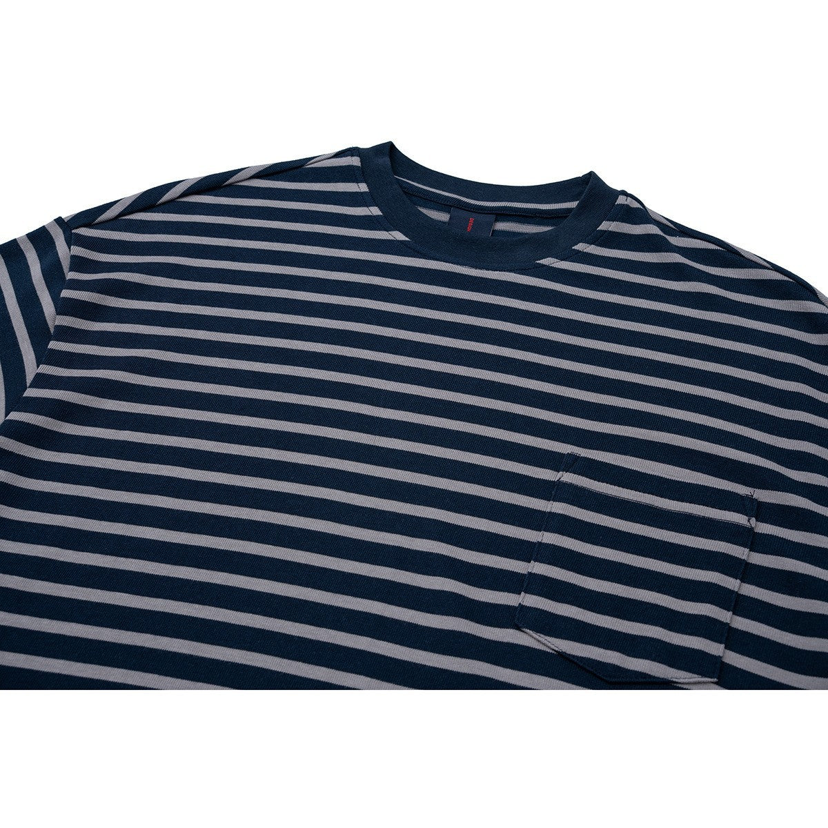 Blue striped men's loose fit college style stripe t-shirt back view short sleeve streetwear TeenStylo
