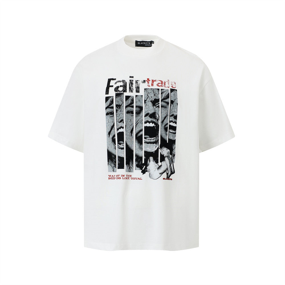 White men's funny character print hip hop streetwear short sleeve t-shirt lifestyle shot | TeenStylo