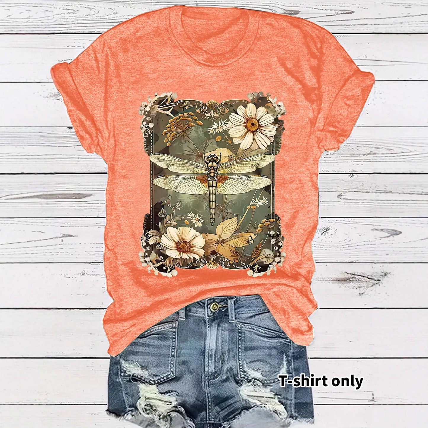 Close-up detail of flower orange dragonfly print on women's short sleeve t-shirt - TeenStylo