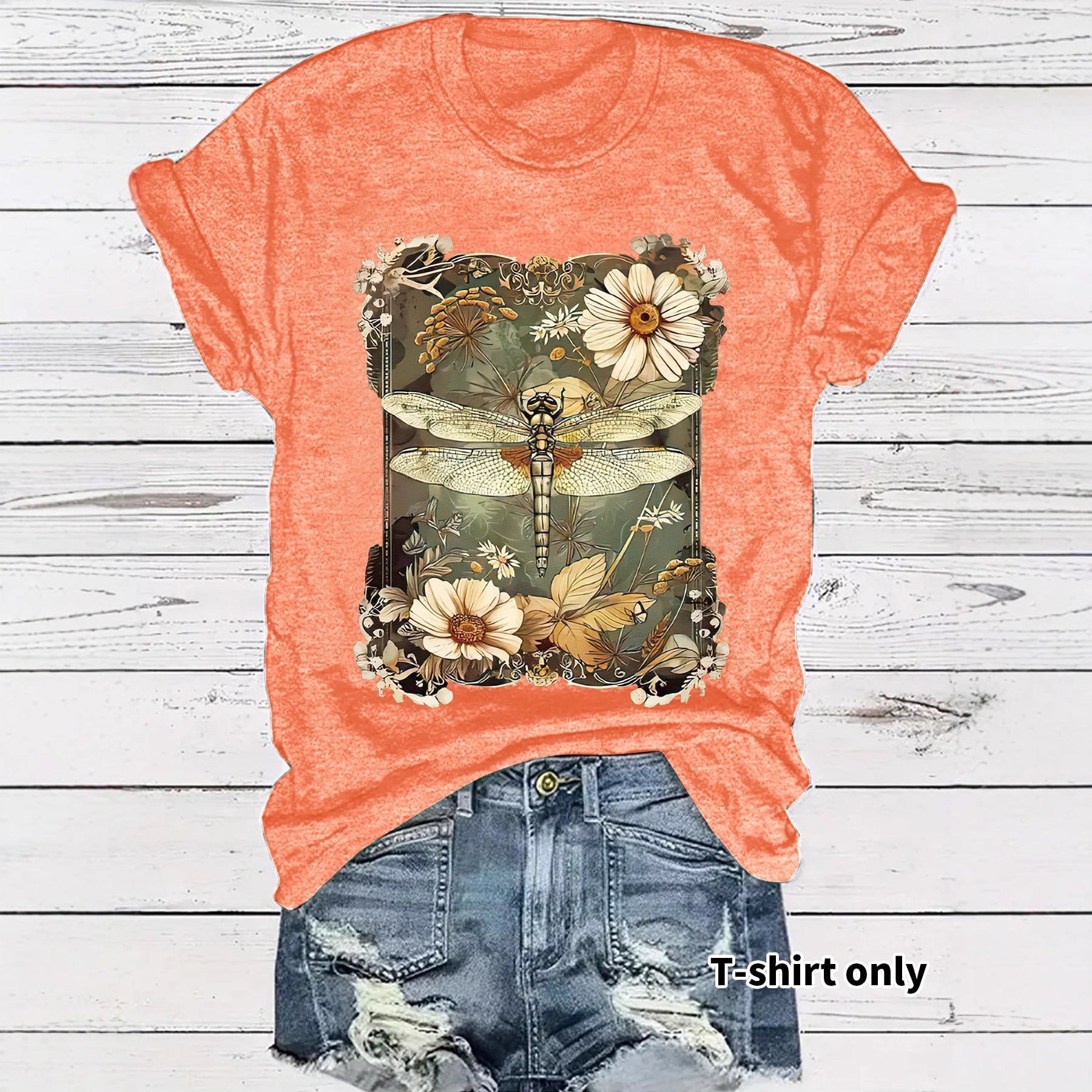 Close-up detail of flower orange dragonfly print on women's short sleeve t-shirt - TeenStylo