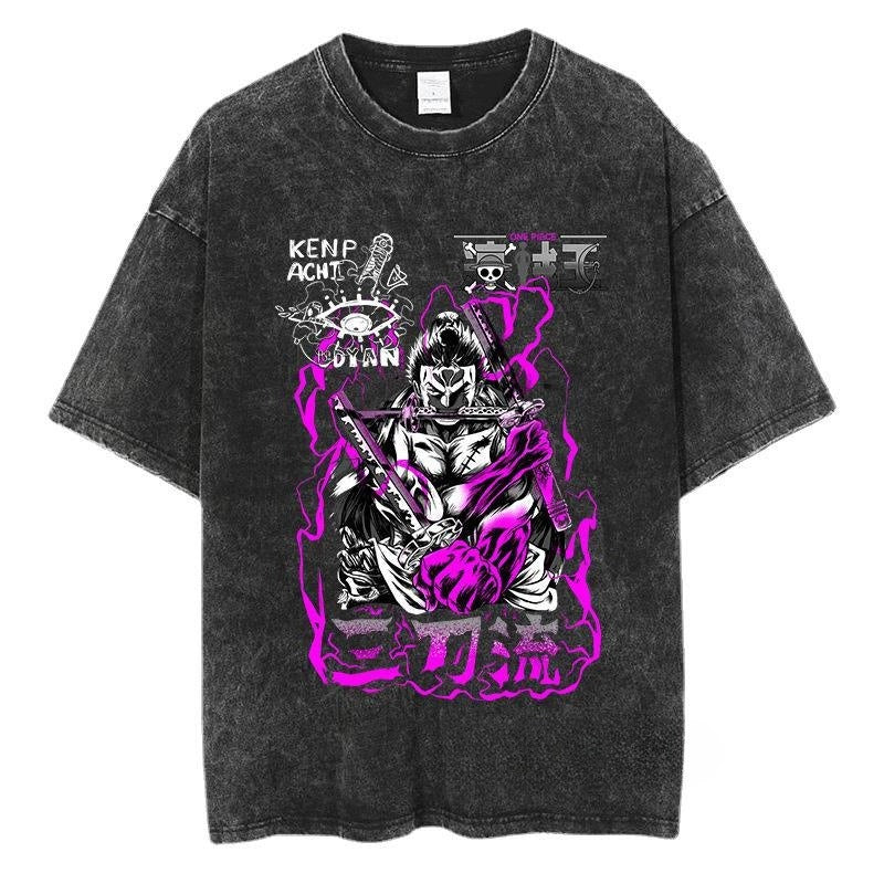 Black One Piece Zoro Anime Unisex T-Shirt Back View Y2K Harajuku Streetwear Style - TeenStylo