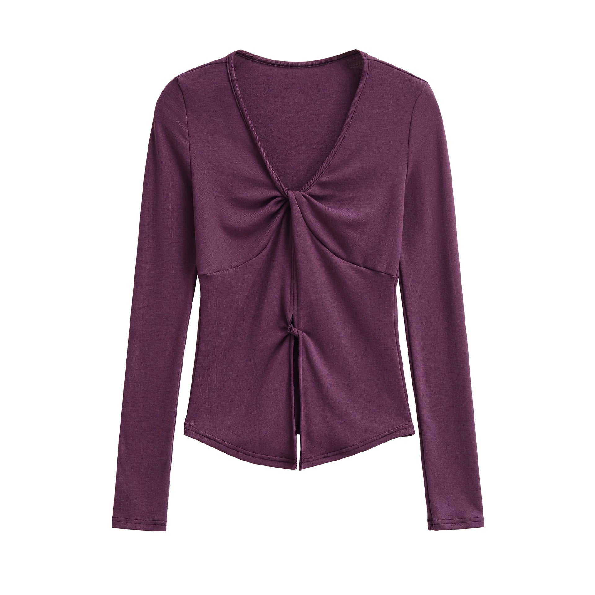 Purple unisex V-neck long sleeve T-shirt lifestyle shot, Y2K streetwear style at TeenStylo