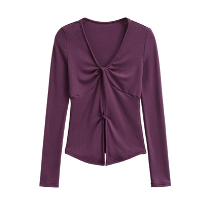 Purple unisex V-neck long sleeve T-shirt lifestyle shot, Y2K streetwear style at TeenStylo