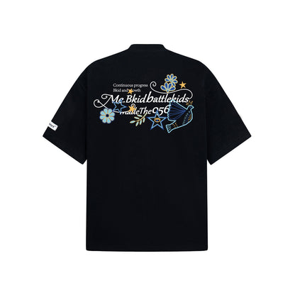White unisex short sleeve t-shirt with shiny gold line powder embroidery design, front view | TeenStylo