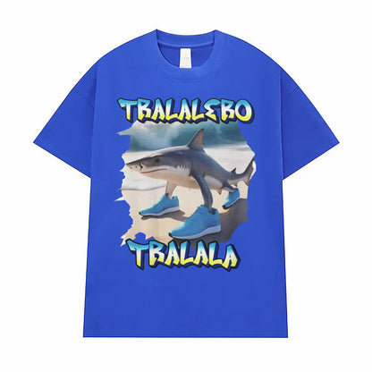 Blue Tralalero Tralala funny running shark meme graphic tee shirt for men lifestyle shot TeenStylo