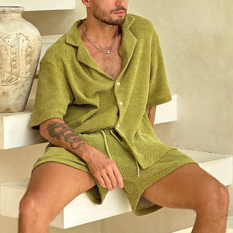 Man wearing yellow-green casual short-sleeve shirt and shorts set with flip flops in lifestyle shot | TeenStylo