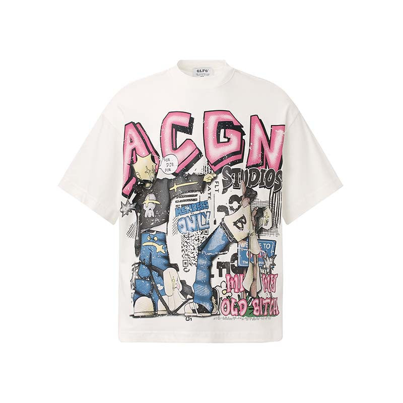 White unisex anime character letter print short sleeve shirt lifestyle shot – Y2K streetwear style at TeenStylo