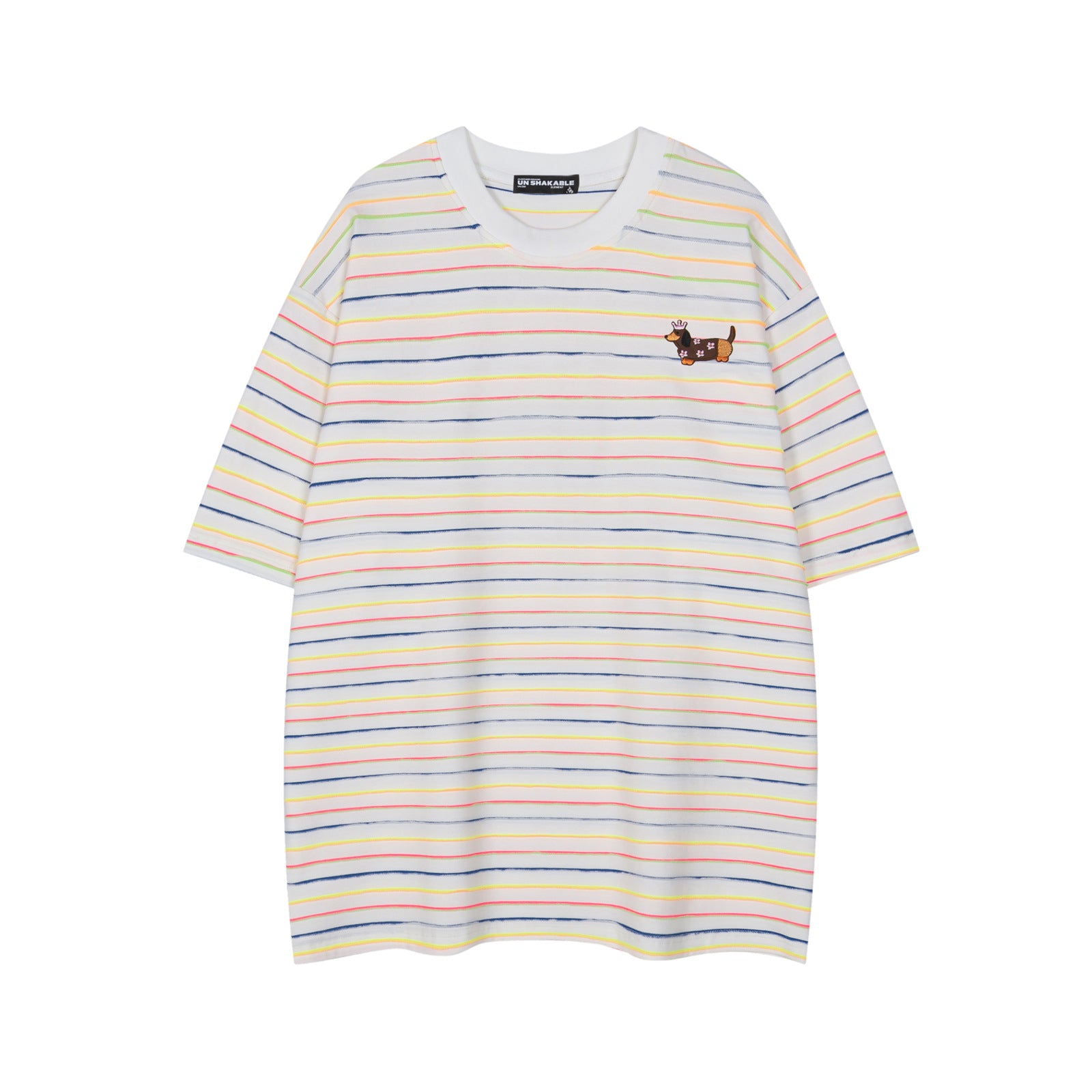Orange unisex retro dachshund striped short sleeve t-shirt lifestyle shot at TeenStylo