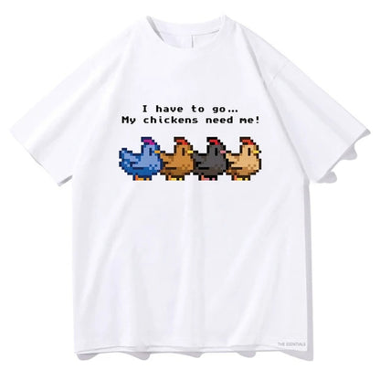 Gray Stardew Valley I Have To Go My Chickens Need Me TShirt close-up detail stitching print quality TeenStylo
