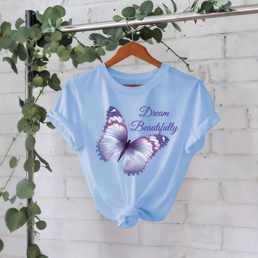White women's butterfly print T-shirt back view short sleeve Y2K streetwear style TeenStylo