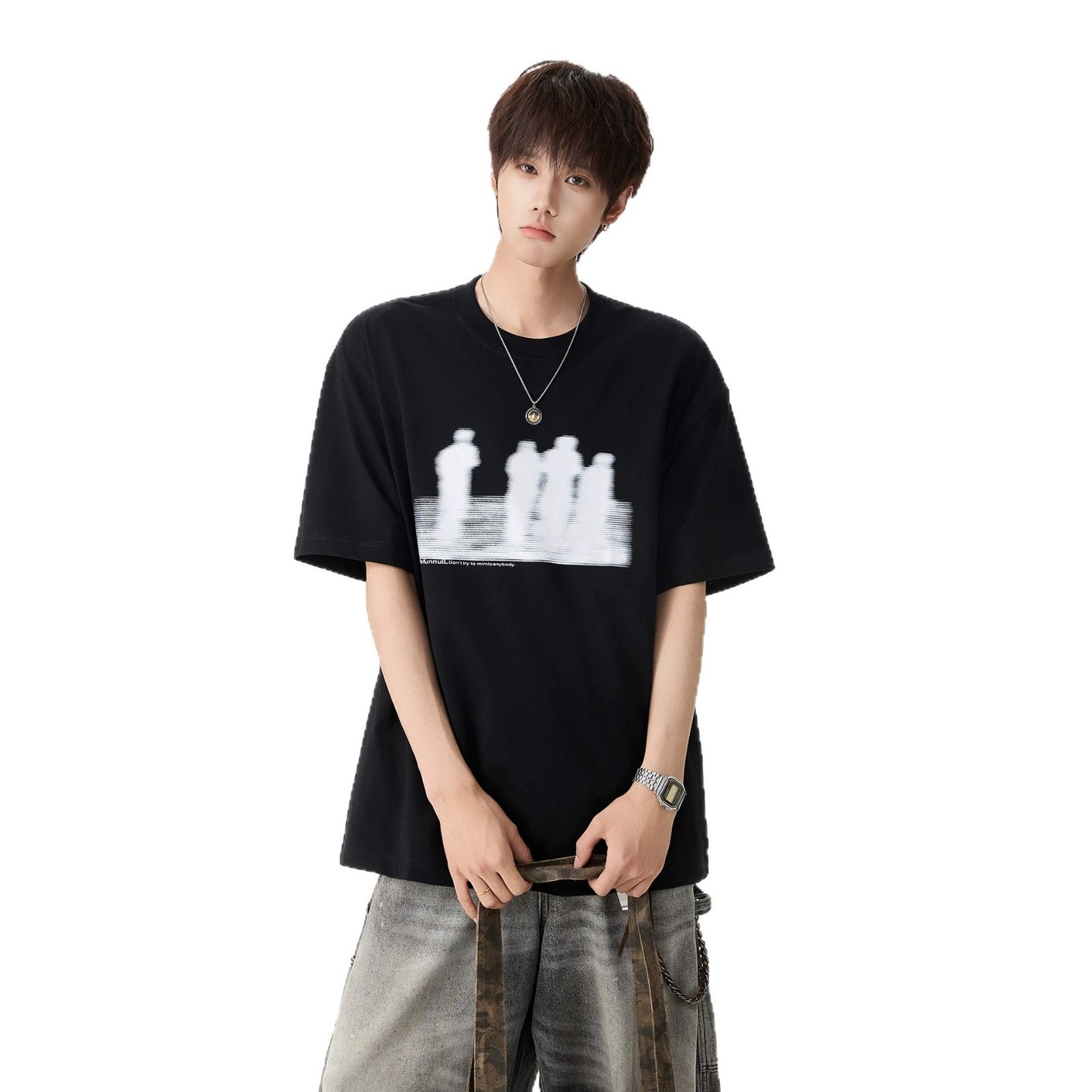 White printed short sleeve mens t-shirt lifestyle shot streetwear style TeenStylo