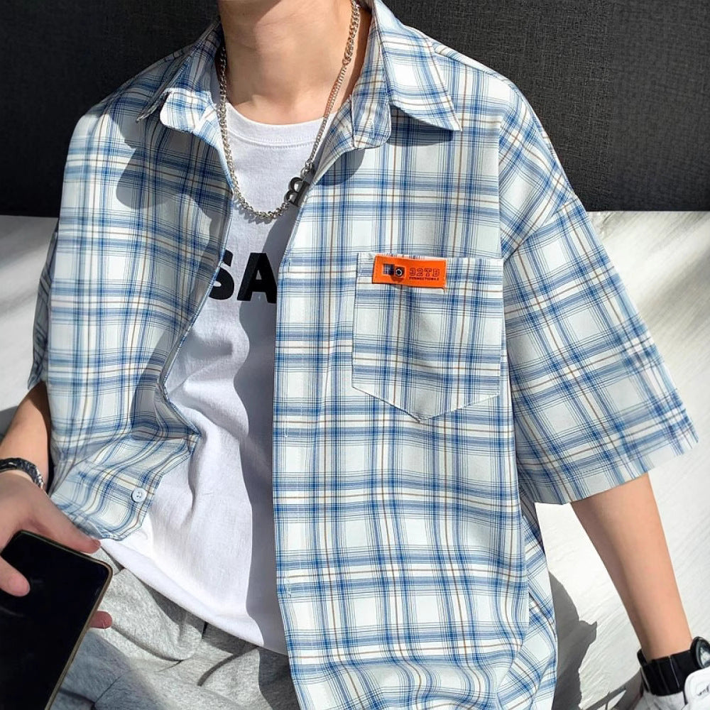 Blue checkered short sleeve shirt for men, streetwear Y2K style lifestyle look - TeenStylo