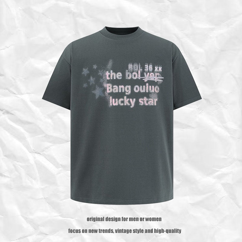 Dark grey unisex star print short sleeve t-shirt lifestyle shot – Y2K streetwear style | TeenStylo