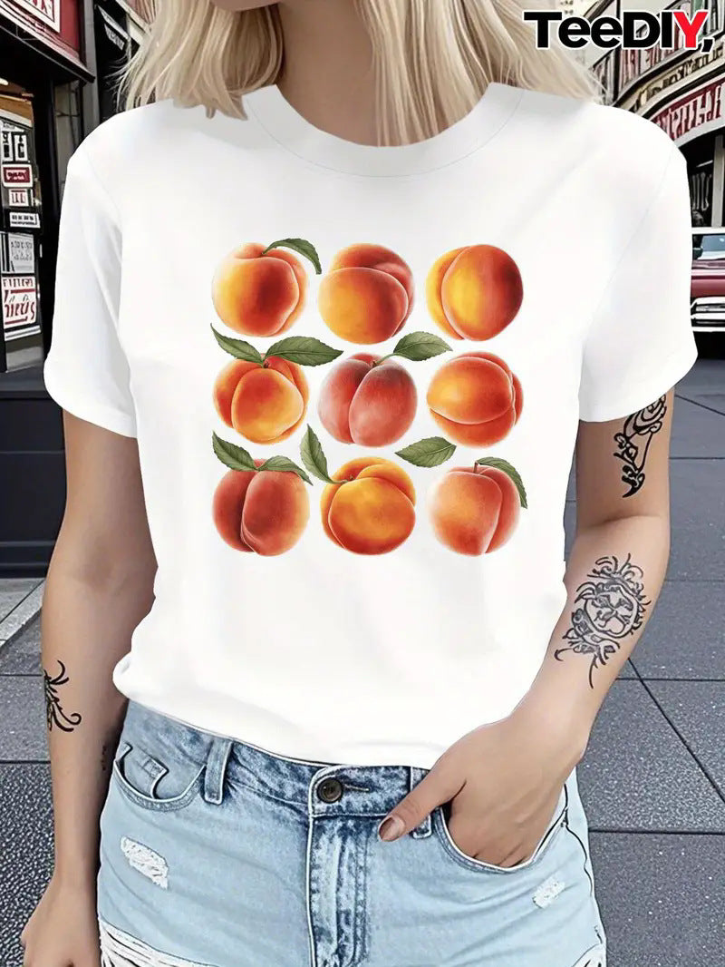 Unisex printed short sleeve T-shirt in B5 lifestyle view, Y2K streetwear style for women by TeenStylo