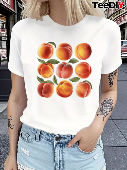 Unisex printed short sleeve T-shirt in B5 lifestyle view, Y2K streetwear style for women by TeenStylo