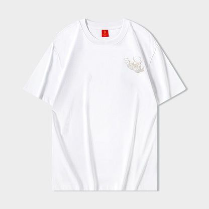 White men's t-shirt Qilin auspicious cloud embroidery close-up detail streetwear TeenStylo