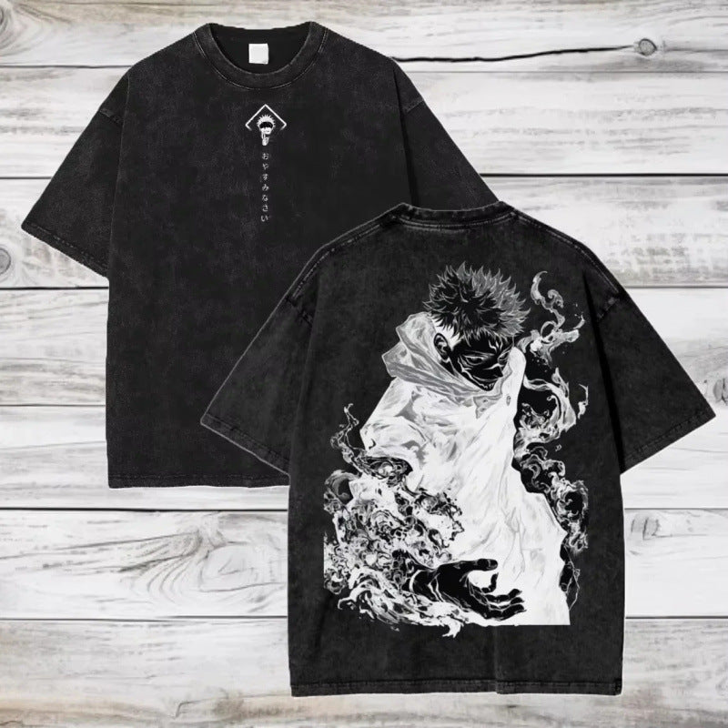 Unisex vintage washed anime print cotton t-shirt in color 6, lifestyle shot, Y2K streetwear style – TeenStylo