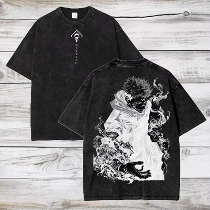 Unisex vintage washed anime print cotton t-shirt in color 6, lifestyle shot, Y2K streetwear style – TeenStylo