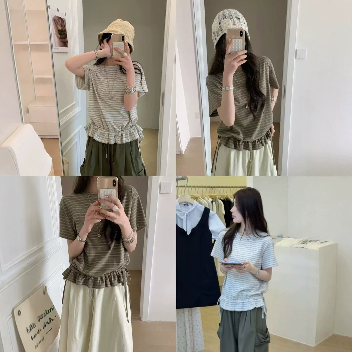 Woman wearing green striped ruffled short sleeve t-shirt in Y2K streetwear style lifestyle shot - TeenStylo