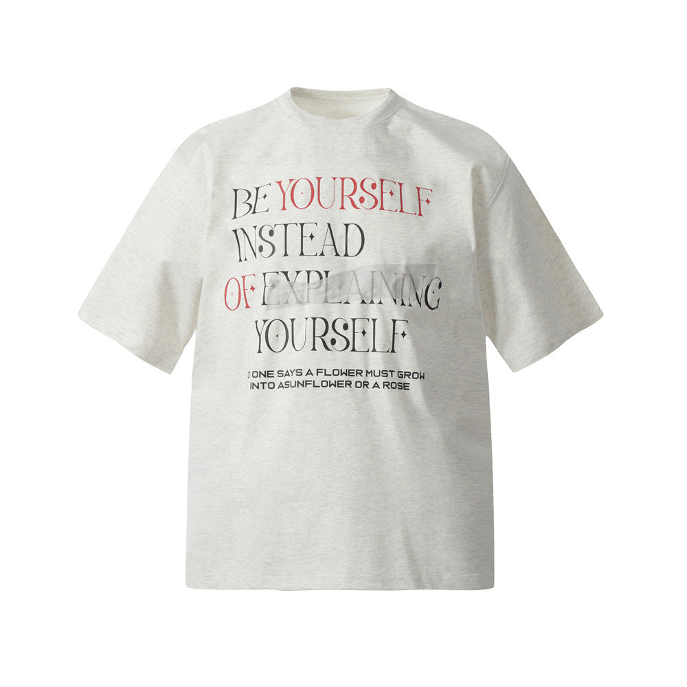 Light gray men's alphabet print short sleeve streetwear t-shirt front view - TeenStylo