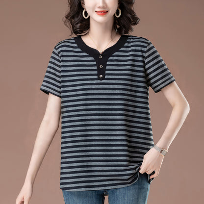 Unisex floral gray striped short sleeve t-shirt lifestyle shot TeenStylo