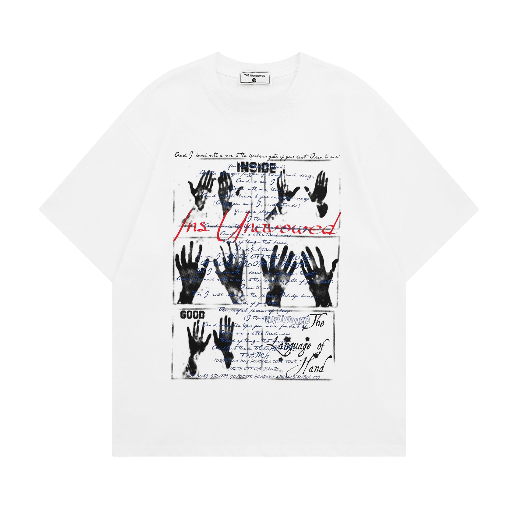 White men's palm print graphic couple t-shirt streetwear style front view | TeenStylo