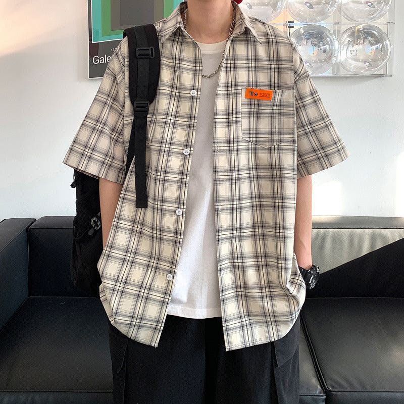 Apricot checkered short sleeve shirt for men, casual streetwear style, lightweight summer top - TeenStylo