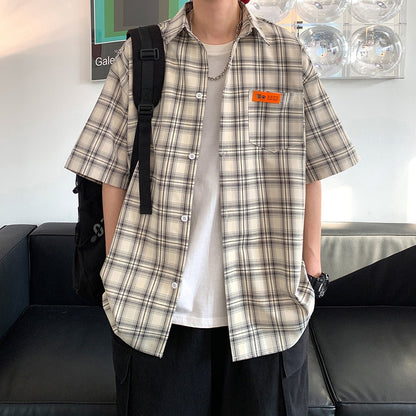 Apricot checkered short sleeve shirt for men, casual streetwear style, lightweight summer top - TeenStylo
