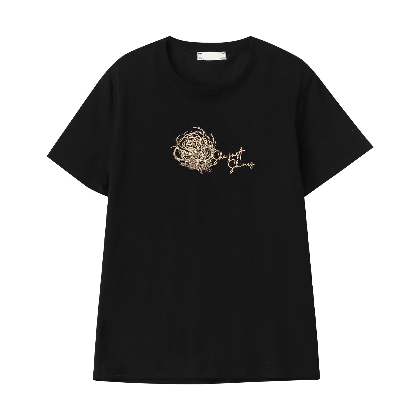 Black embroidered loose fit short sleeve women's T-shirt front view | TeenStylo