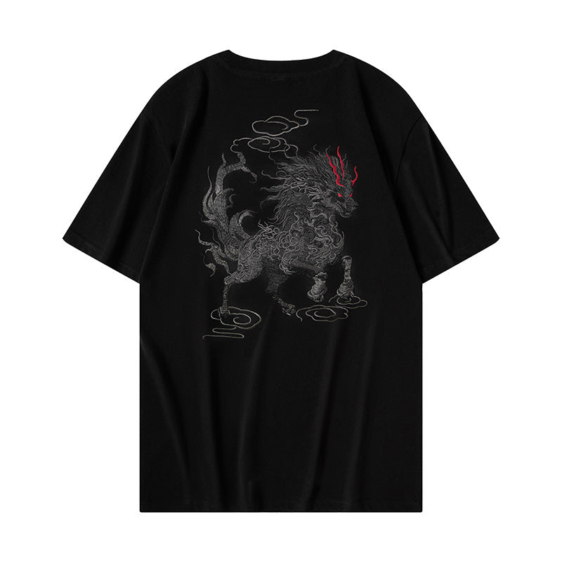 Black men's short sleeve t-shirt with Qilin auspicious cloud print lifestyle photo TeenStylo
