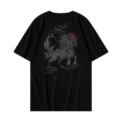 Black men's short sleeve t-shirt with Qilin auspicious cloud print lifestyle photo TeenStylo