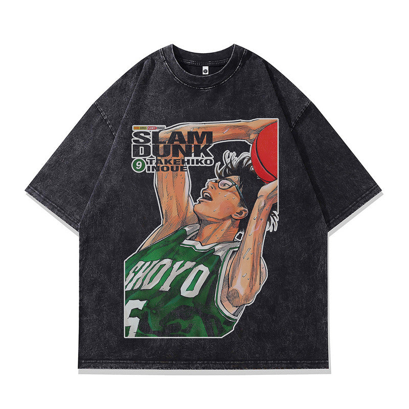 Close-up detail of X759 heavy 230g anime print summer spray tee streetwear men's graphic shirt TeenStylo