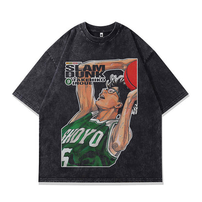 Close-up detail of X759 heavy 230g anime print summer spray tee streetwear men's graphic shirt TeenStylo