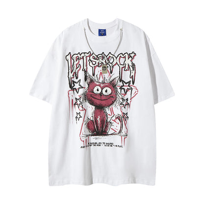 White streetwear mens t-shirt with cartoon cat graffiti letter print lifestyle shot - TeenStylo