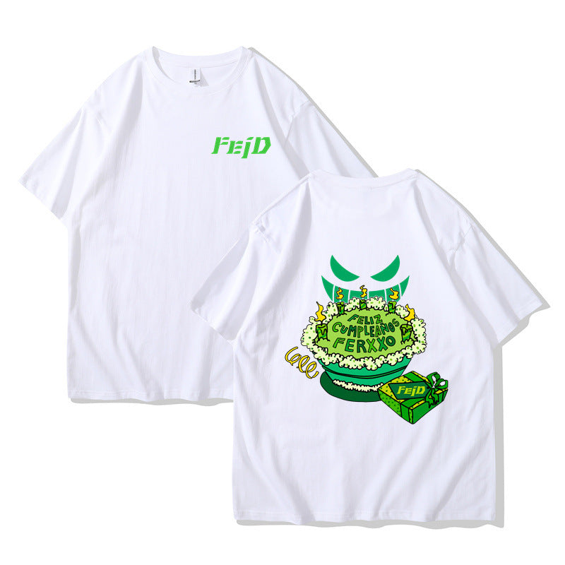 Black unisex FELIZ CUMPLEANOS Ferxxo Tour graphic t-shirt streetwear style front view at TeenStylo