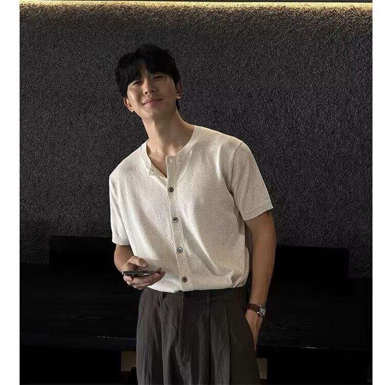 Apricot ice silk knitted short sleeve shirt lifestyle shot men's Y2K streetwear style TeenStylo