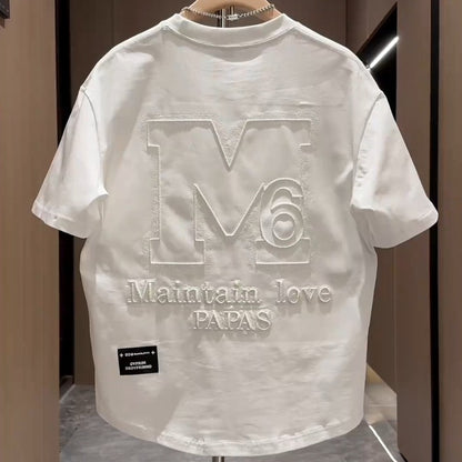 White men's designer letter M embroidered half sleeve top front view TeenStylo