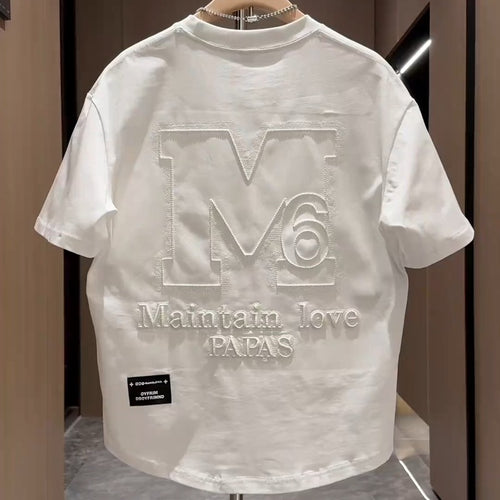 White men's designer letter M embroidered half sleeve top front view TeenStylo