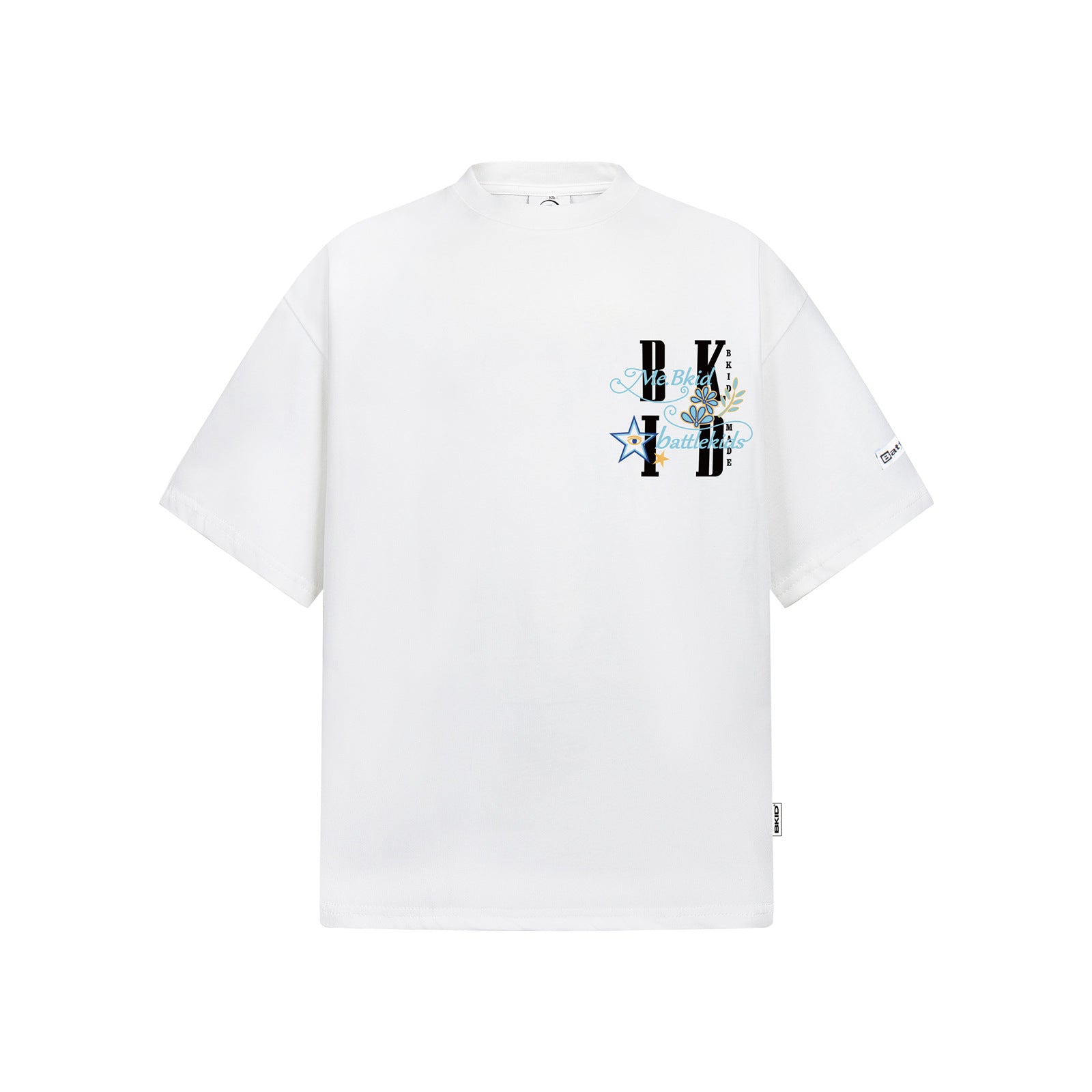 White unisex Y2K streetwear t-shirt with gold line shiny powder embroidery detail lifestyle shot TeenStylo
