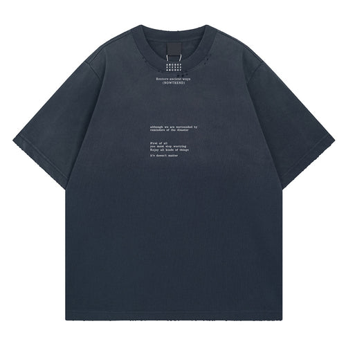 Navy blue unisex loose washed letter print short sleeve T-shirt front view | TeenStylo