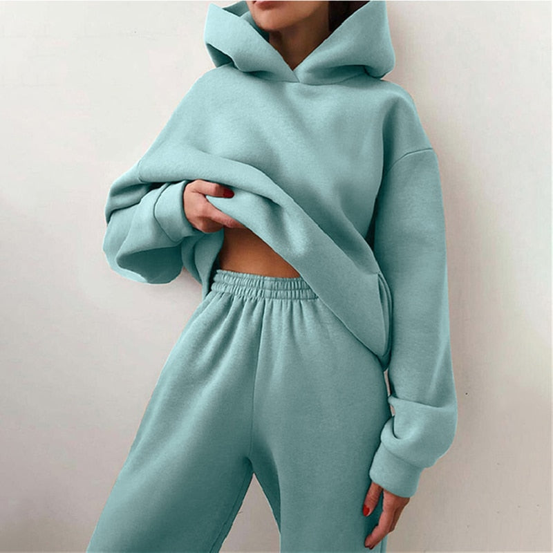 Unisex green blue plus fleece two-piece tracksuit sweatshirt set autumn streetwear lifestyle look TeenStylo