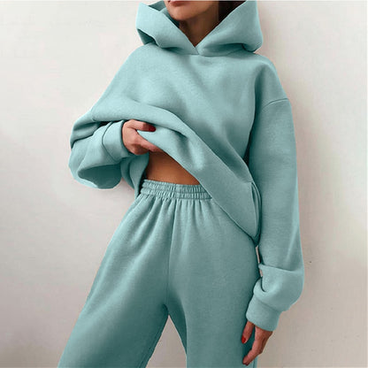 Unisex green blue plus fleece two-piece tracksuit sweatshirt set autumn streetwear lifestyle look TeenStylo