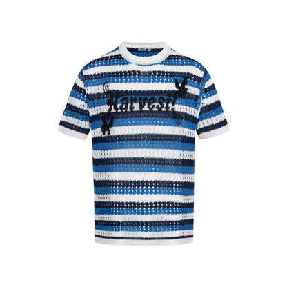 Blue color block striped crochet hollow knit short sleeve top for men lifestyle view | TeenStylo