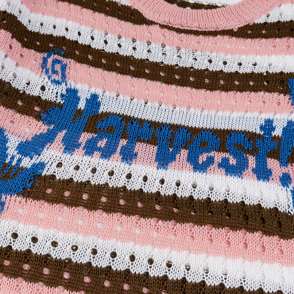 Pink color block striped crochet hollow knit short sleeve worn in lifestyle shot | TeenStylo